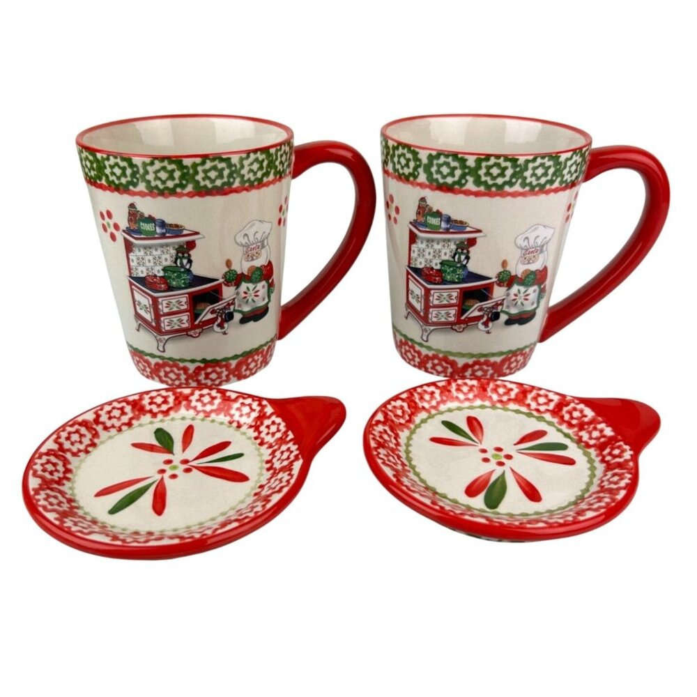 Temptations Christmas Santa Baking Ceramic Mugs & Coasters Set of 2 16oz Holiday
